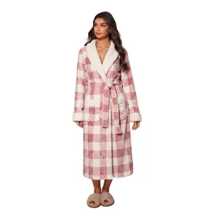 Women plaid flannel bathrobe with sherpa trim long cozy winter sleepwear pink robe new
