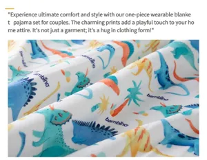 Set coperta dinosauro indossabile per coppie dettaglio. Morbido comodo simpatico pigiama.