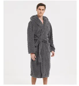 Mens grey hooded plush bathrobe thick winter sleepwear comfortable loungewear robe detail view