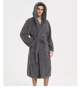 Men's hooded plush fleece bathrobe warm winter cozy sleepwear fluffy jacquard dressing gown