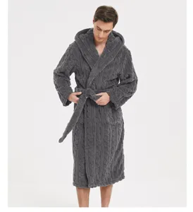 Men plush fleece hooded bathrobe detail view, thick winter cozy loungewear in dark grey.