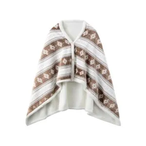 Wearable flannel blanket shawl with brown Nordic snowflake pattern, cozy winter cape for office.