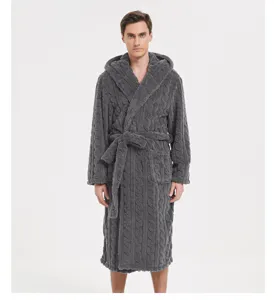 Men's thick plush hooded bathrobe in dark grey with cozy fleece fabric and tie belt.