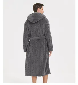 Men's thick fleece hooded bathrobe winter warm cozy loungewear sleepwear grey robe with belt