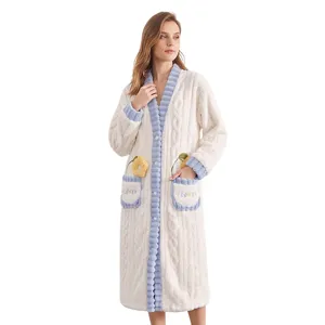 Donna accappatoio flanella peluche lungo abbigliamento notte dolce ricamo fiori casa