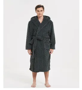 Men's plush fleece hooded bathrobe with belt, cozy thick winter sleepwear in dark grey.