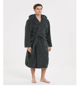 Men's thick plush hooded bathrobe in dark grey, featuring cozy fleece and a matching belt.