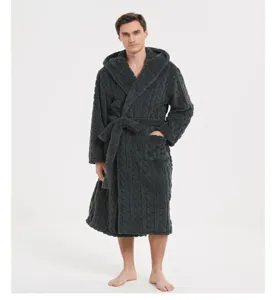 Men's plush cable knit hooded bathrobe thick warm fleece sleepwear lounge bathrobe