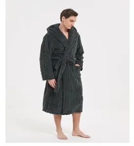 Thick plush hooded bathrobe for men in dark grey, featuring cozy fleece and jacquard texture.