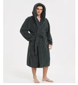 Close-up view of the plush fleece hooded bathrobe showing cozy texture and fabric details.