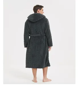 Back view detail of the dark grey plush hooded bathrobe showing cable knit texture.