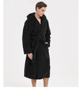 Detail view of men's black plush hooded bathrobe, featuring cozy fleece and convenient belt.
