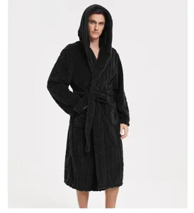 Men black plush hooded bathrobe thick winter sleepwear comfortable cozy loungewear robe style.