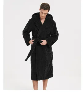 Men's thick plush hooded bathrobe with plush cable knit texture and tie belt for cozy winter wear.