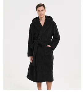Detailed view of men's plush fleece hooded bathrobe in black with belt, soft winter loungewear.
