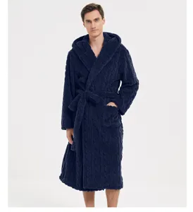 Men's thick plush fleece hooded bathrobe in dark blue with cozy texture for autumn winter.
