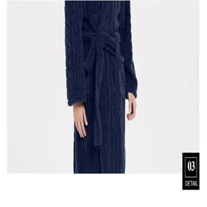Men's plush fleece hooded bathrobe with jacquard texture and tie belt for winter cozy wear.