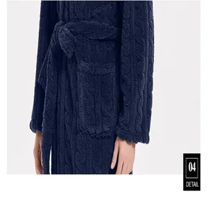 Men's thick plush fleece bathrobe detail view, navy blue winter sleepwear with belt and pocket.