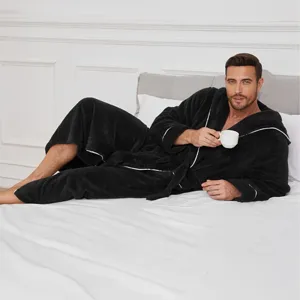 Peignoir en Fleece de Coton Épais pour Hommes Chaud d'Hiver à Capuche Long Pyjama Robe de Lounge Avec Ceinture et Poche