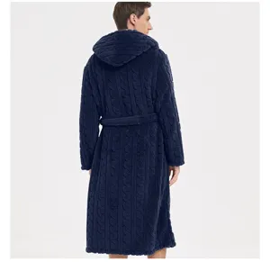 Detailed back view of men's plush hooded bathrobe in dark blue cable knit fleece fabric.