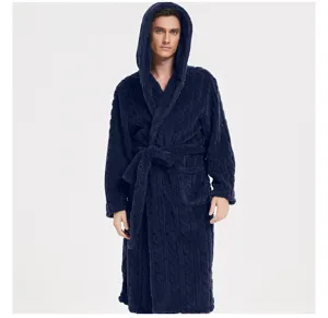 Men's plush fleece hooded bathrobe in dark blue with cozy cable knit pattern for winter.