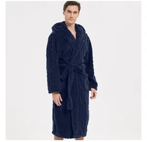 Close-up of men's plush fleece hooded bathrobe featuring a cozy cable knit texture design.