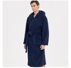 Mens plush fleece hooded bathrobe cozy thick winter sleepwear solid color long lounge robe