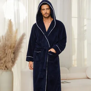 Peignoir homme hiver peluche capuche chaud confortable polaire vêtement de nuit bleu foncé