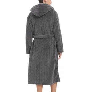 Men's plush fleece hooded bathrobe winter warm cozy long sleepwear with belt dark grey