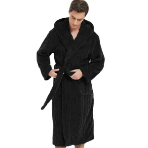 Men black hooded fleece bathrobe plush fuzzy thick winter homewear cozy sleepwear casual robe