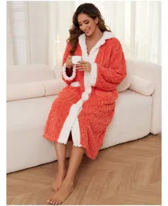Women thick plush jacquard bathrobe winter warm fleece sleepwear loungewear housecoat