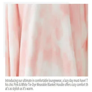 Pink and white tie-dye wearable blanket hoodie detail, cozy warm plush loungewear for winter.