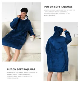 Blue flannel wearable hooded blanket detail view, soft cozy lazy pajamas for winter lounge wear.