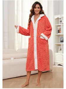 Women thick coral fleece bathrobe long sleepwear warm winter cozy lounge robe with pockets.
