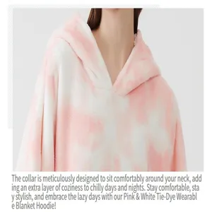 Close-up of pink and white tie-dye wearable blanket hoodie neck collar cozy texture