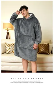 Flannel hooded wearable blanket oversized cozy hoodie sweatshirt for winter warm home wear.
