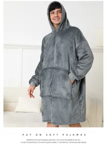 Grey fleece hooded wearable blanket for cozy autumn and winter home relaxation comfort wear.