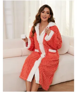 Women's plush fleece bathrobe thick winter sleepwear warm cozy coral fleece loungewear robe