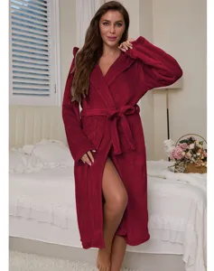 Women's thickened flannel hooded bathrobe, soft warm long sleepwear for cozy home relaxation.