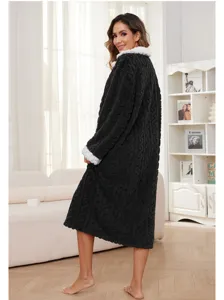 Cozy winter plush bathrobe detail, long sleeves with soft white fleece trim for warmth.