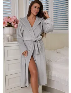 Grey flannel hooded bathrobe for women, plush warm long sleepwear with belt and pockets.