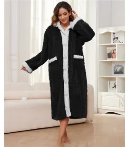 Women thick plush fleece robe winter sleepwear long cozy hooded nightgown black white