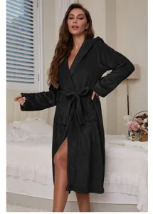 Black fleece hooded bathrobe for women, thick cozy long sleepwear for comfortable home wear.