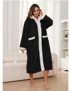 Women's thick fleece plush bathrobe long winter sleepwear cozy soft jacquard loungewear