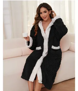 Women's thick fleece bathrobe long winter loungewear with cozy shawl collar and deep pockets.