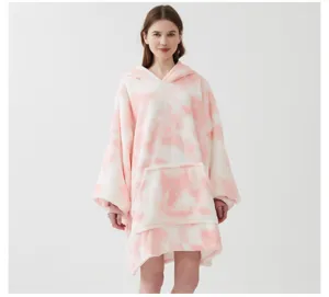 Oversized pink white tie dye wearable blanket hoodie, cozy warm fleece loungewear for winter.