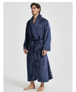 Herren dunkelblaue Flanell Bademantel mit Schalkragen und Gürtel, bequeme lange Loungewear.