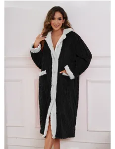 Women thick plush fleece bathrobe long winter sleepwear warm cozy casual loungewear robe