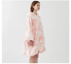 Pink white tie dye wearable hooded blanket detail shot, comfortable warm oversized loungewear.