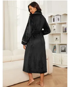 Long black flannel bathrobe for women and men, plush soft warm winter sleepwear with belt.